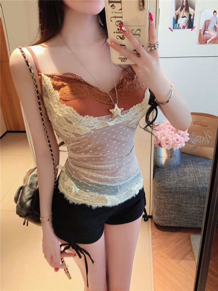 Lace Patchwork Mesh Fake Two-Piece Design Camisole with Chest Pads for Women, Slim Fit, Wearable Outside Top for Hot Girls