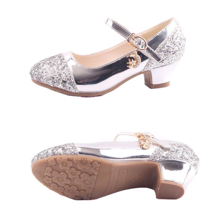 Girls' Leather Shoes Korean Style High Heel Princess Shoes Frozen Silver Children's Dance Shoes Elsa Shoes Summer