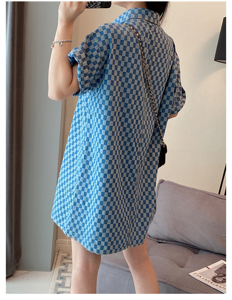 2-300Jin Fat mm Denim Blue Dress for Women Summer New Large Size Mid-Length Loose Short Sleeve T T-shirt Skirt