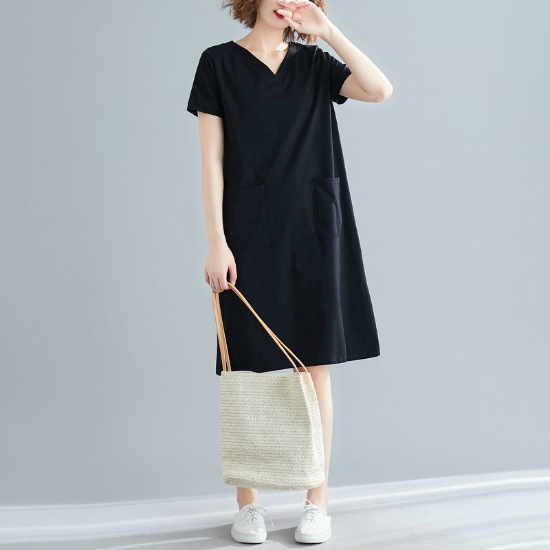 Plus Size Women's Summer Loose Korean Style Mid-Length Dress T Shirt and Skirt for Plus Size mm Solid Color V Collared Slimming Short Sleeve Dress