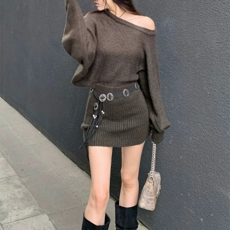 Korean Style Asymmetrical Shoulder Batwing Sleeve Sweater Dress for Women2025Autumn and Winter New Style Belted Elegant Hot Girl Bodycon Mini Dress