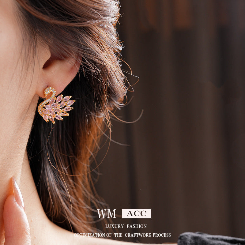 Real Gold Plated Silver Needle Zircon Swan Earrings Niche Light Luxury Exquisite ins Earrings with a high-end feel versatile for women