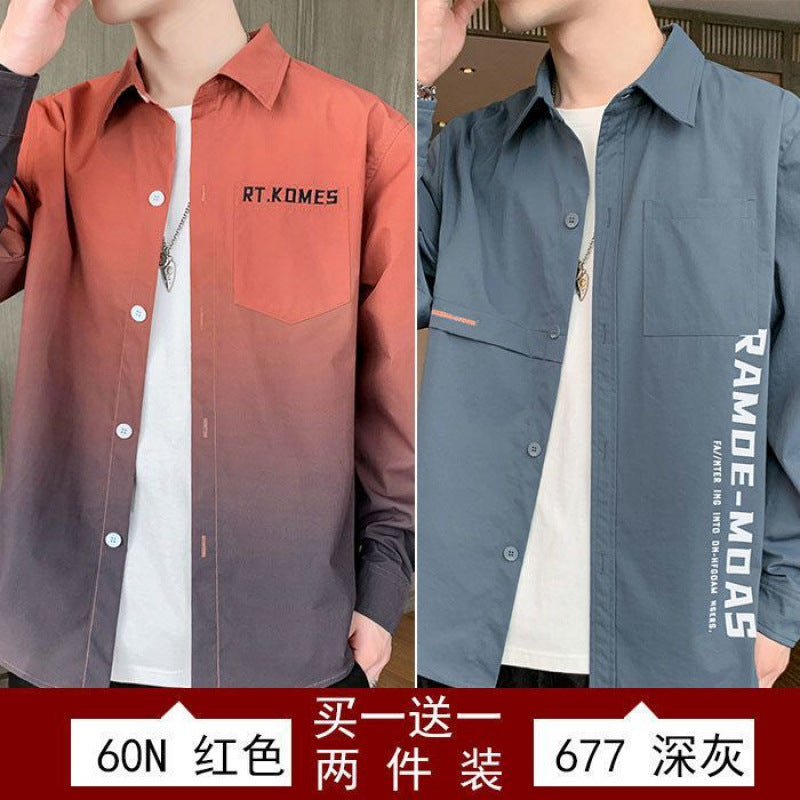 Gradient Long Sleeve Shirt for Men, Spring and Summer Loose Thin Jacket, Korean Style Trendy Casual ins Fashion Brand Sunscreen Shirt