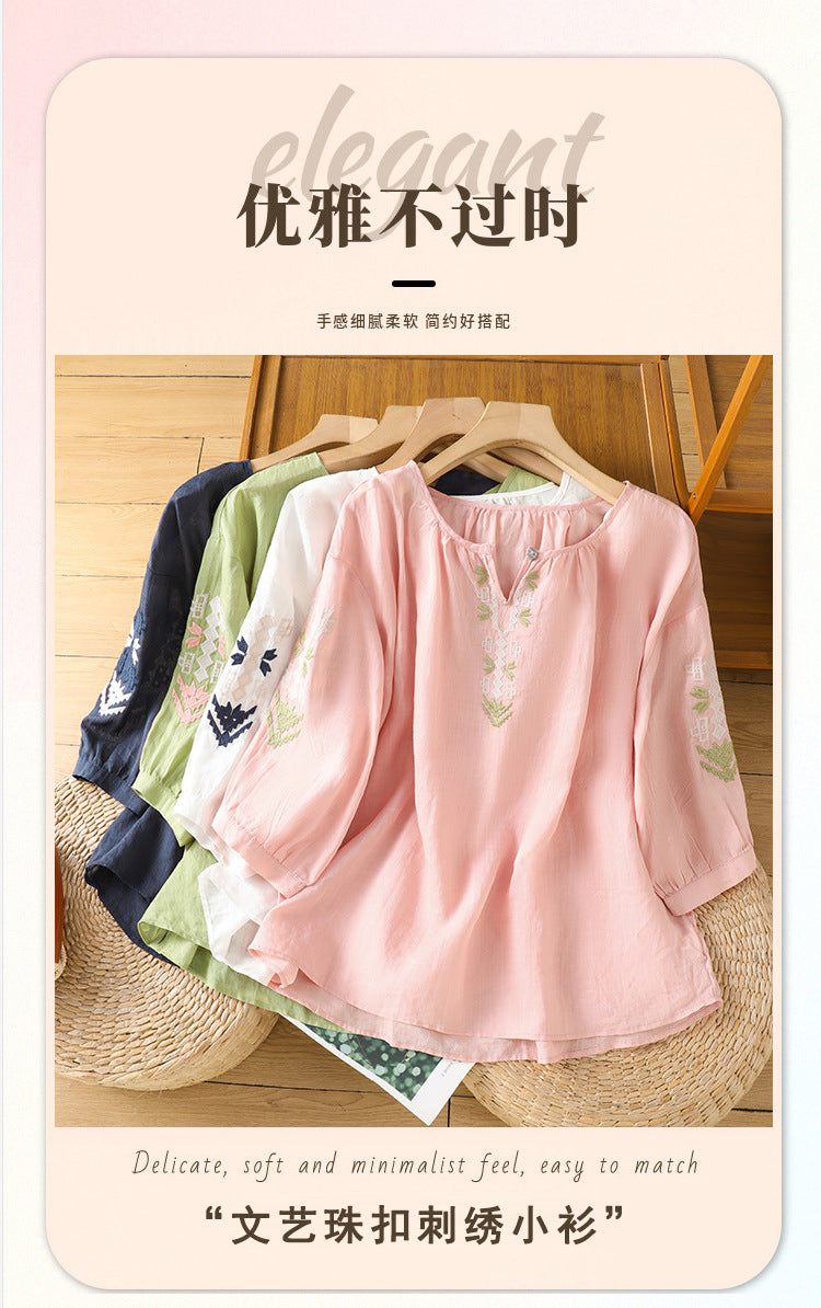 2025Summer New Vacation Ethnic Style Ramie Embroidered Round Neck Shirt for Women Loose Sun Protection Versatile Air Conditioning Shirt