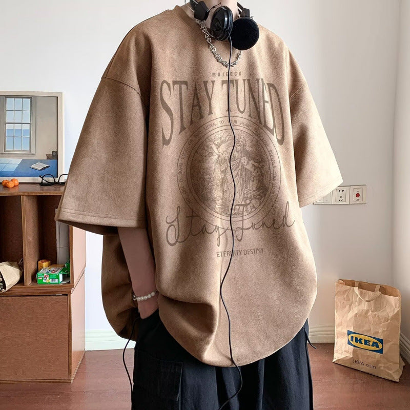 2025New Faux Suede Short Sleeve Men's Summer New American Style Heavyweight Trendy Loose Half Sleeve T Trendy Five-Sleeve Shirt