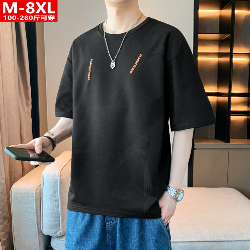 Summer Trendy Hong Kong Style Men's Printed Round Neck Short Sleeve T T-shirt Plus Size Loose Casual T-Shirt for Overweight Men