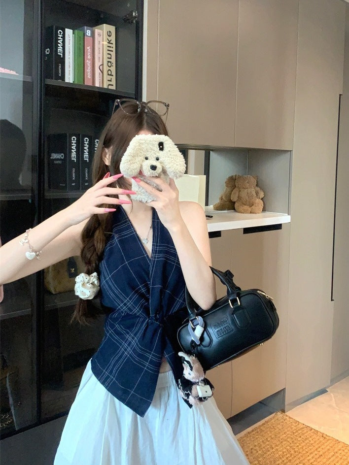 Summer2025New Korean Retro Plaid Knot Waist Slimming Elegant Halter Top Women's Camisole Trendy