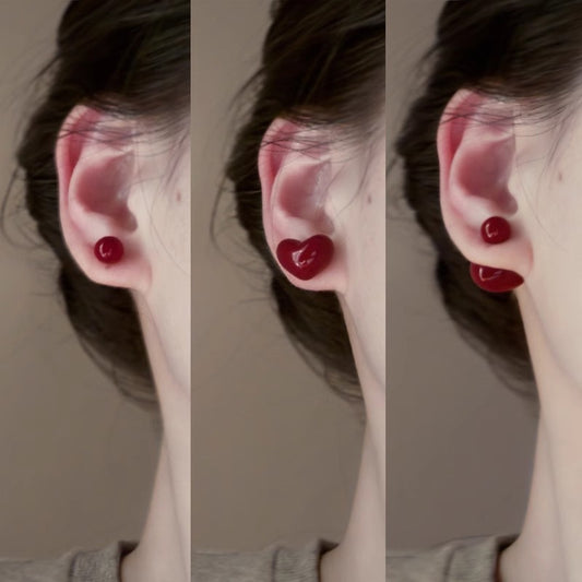 Heart-shaped Cherry925Silver Needle Vintage Autumn Winter Wine Red Heart Ball Double-Sided Earrings2024New Fashion