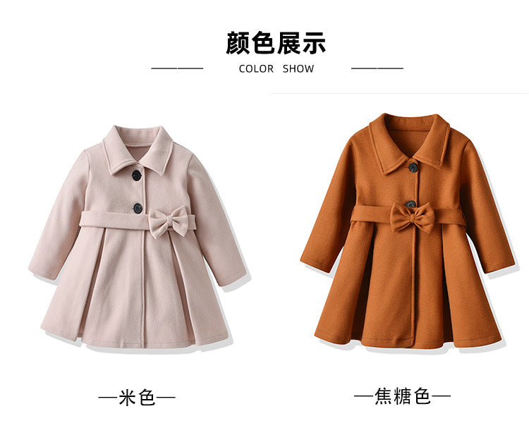 Cross-Border E-commerce Children's Coat Autumn Girls' Bow Thickened Korean Style Mid-Length Woolen Coat Manufacturer Wholesale
