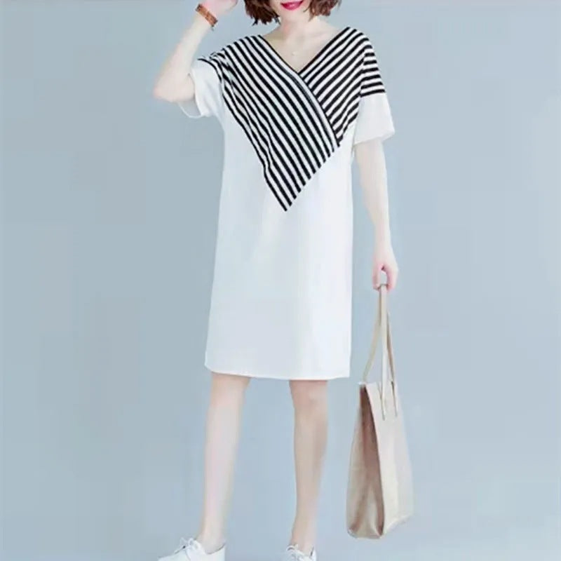 Korean Style Mid-Length Short-Sleeve Striped Patchwork Skirt, Belly-Covering, Slimming, Plus Size, Loose-Fit, Casual V Women's Trendy Collared Dress