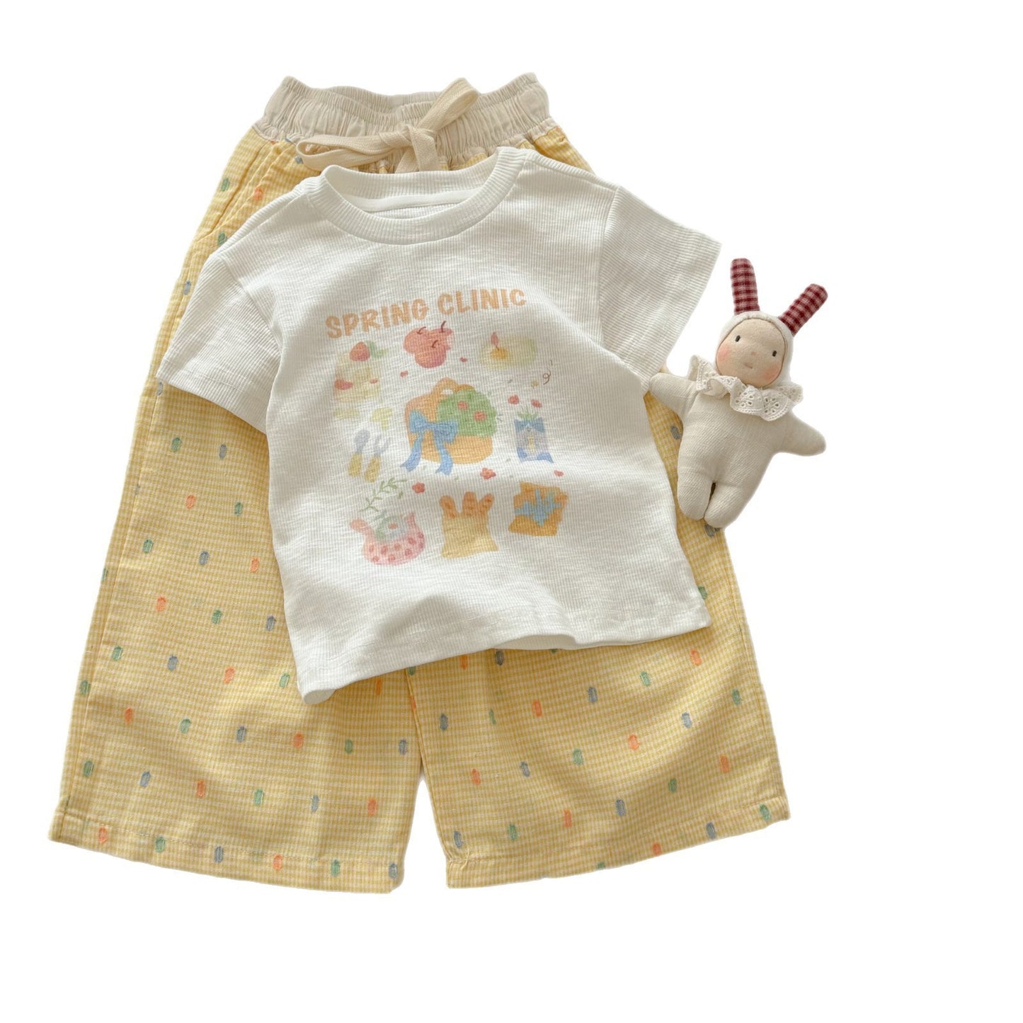 Sweet Little Girl Summer Outfit Set New Korean Version Cartoon Print Short Sleeve T T-shirt and Wide-leg Pants Two-piece Set for Baby Girls
