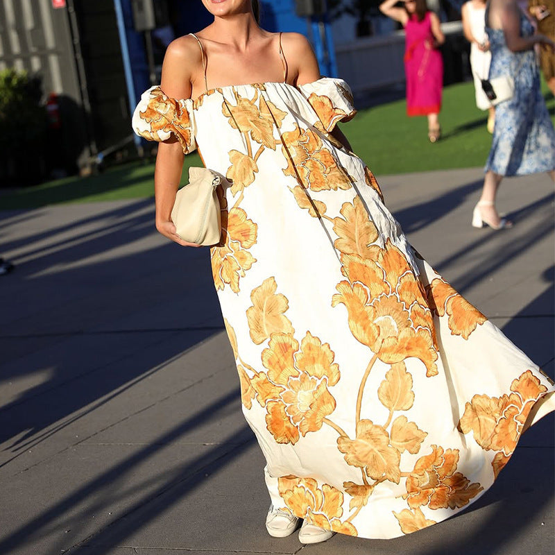 Printing Suspenders Vacation Style Dress