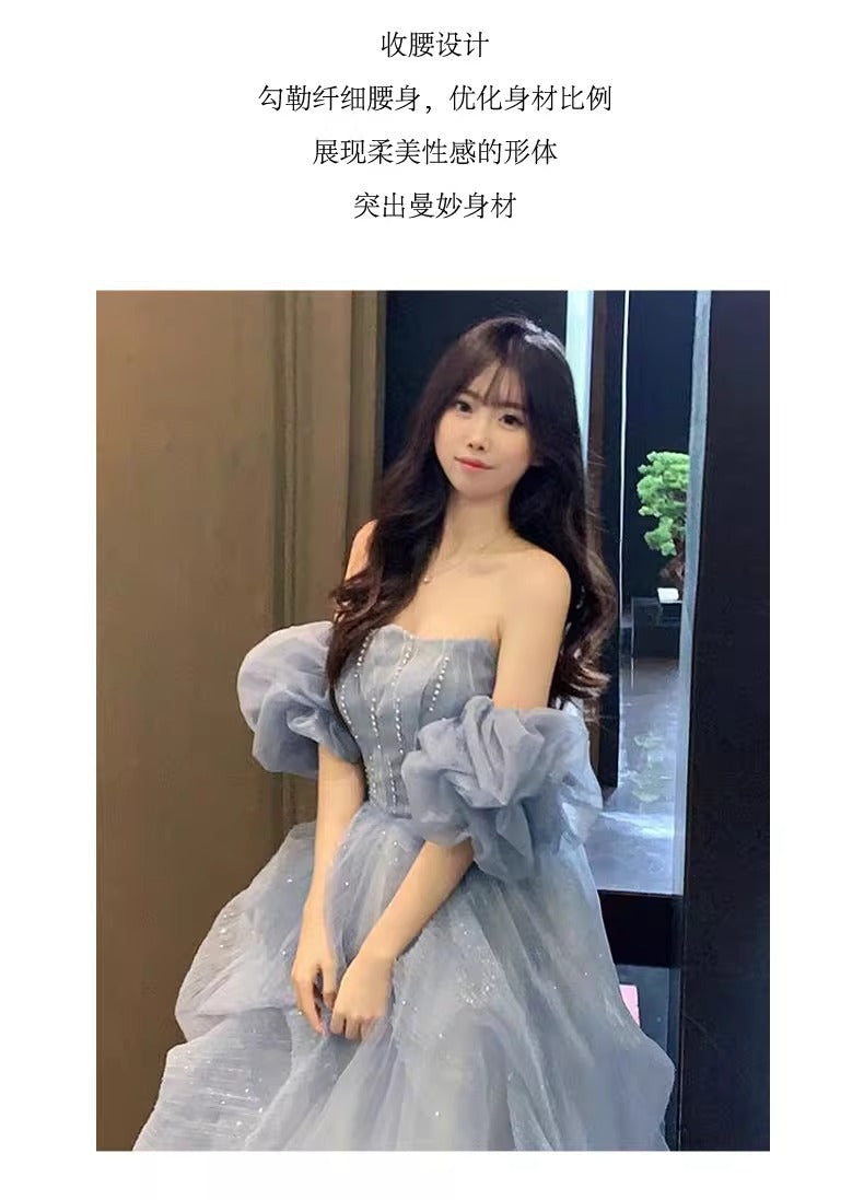 Blue Strapless Dress Puff Skirt Runaway Princess Fairy Dress Light Luxury High-end Evening Dress Host Slim Fit Elegant