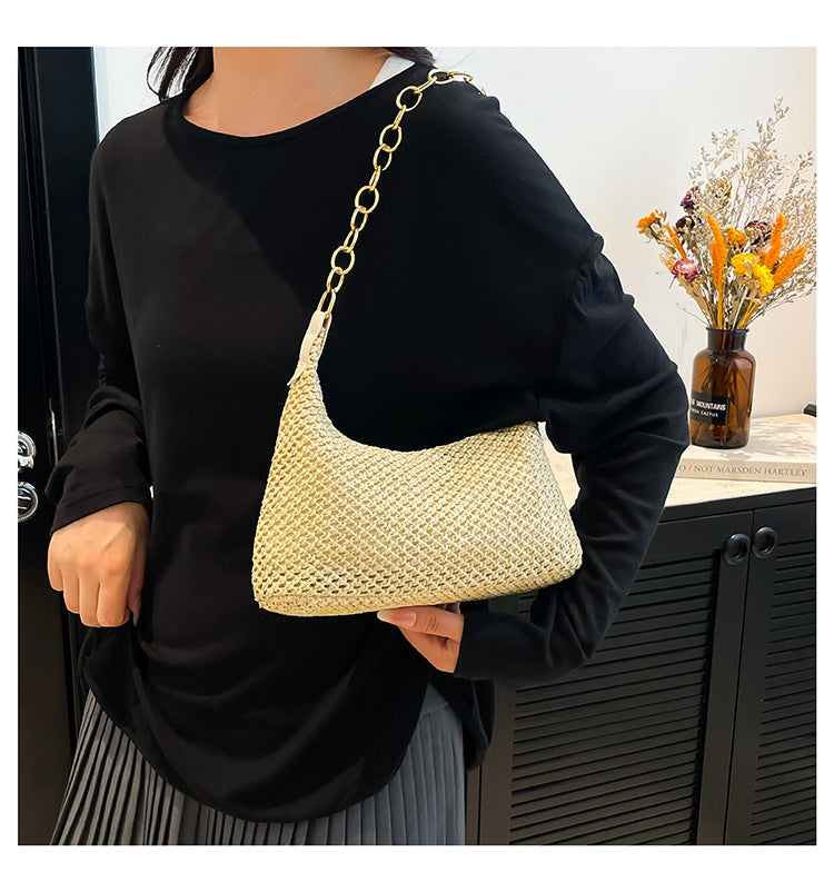 South Korea ins Vintage Woven Tote Bag Straw Bag Large Capacity Underarm Bag Shoulder Bag Vacation Style Beach Bag for Women
