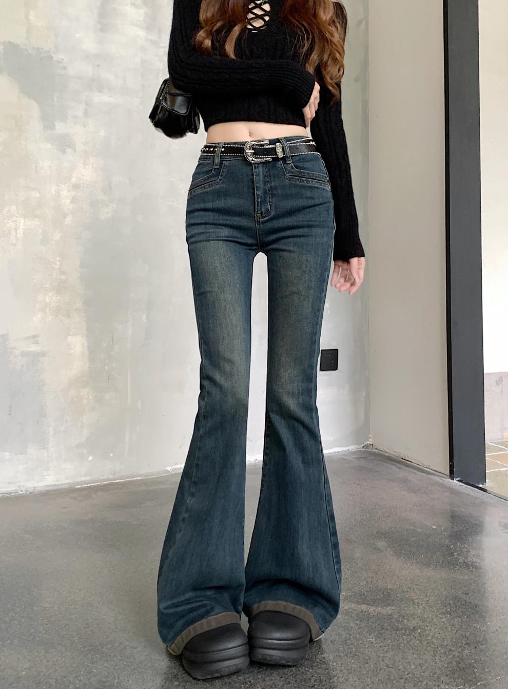 Washed Fleece-Lined Flared Jeans for Women, Autumn and Winter Vintage Slim High-Waisted Slimming Floor-Length Pants, Leg-Shaping