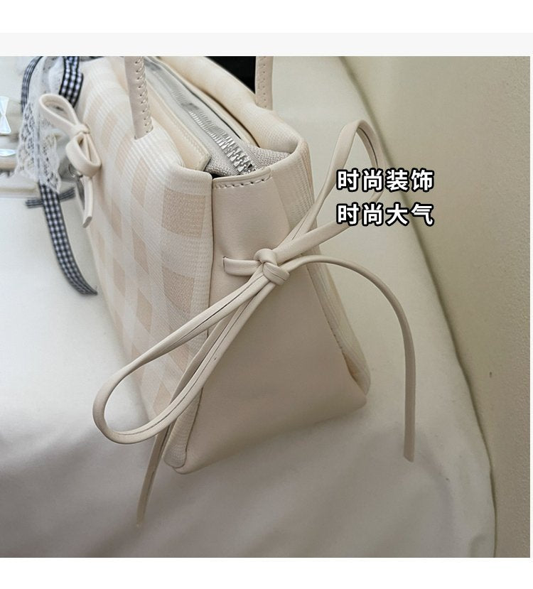Dopamine Plaid Handbag Small Tote Bag for Women Summer2025New Ballet Style Bow Baguette Bag Underarm Bag Trendy