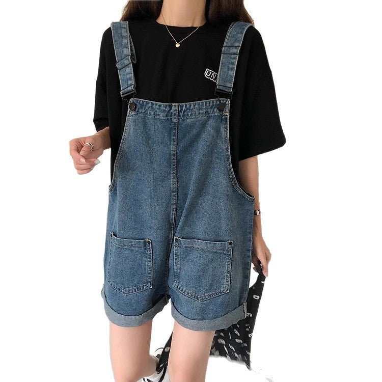 Women's Denim Overalls Summer Thin Loose Slimming Straight Strap Jumpsuit Denim Overalls Shorts