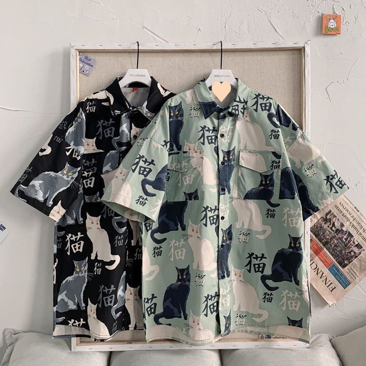 Summer Japanese Style Short Sleeve Shirt Men Half Sleeve Shirt Hong Kong Style Trendy Cat Print Student Loose Casual Shirt12