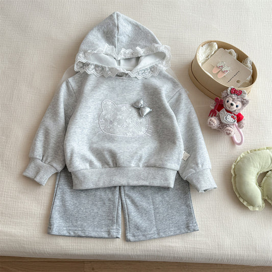 Sweet Little Girl Outfit Autumn New Fashionable Children's Stylish Girl Sweatshirt and Sweatpants Cartoon Print Two-Piece Set