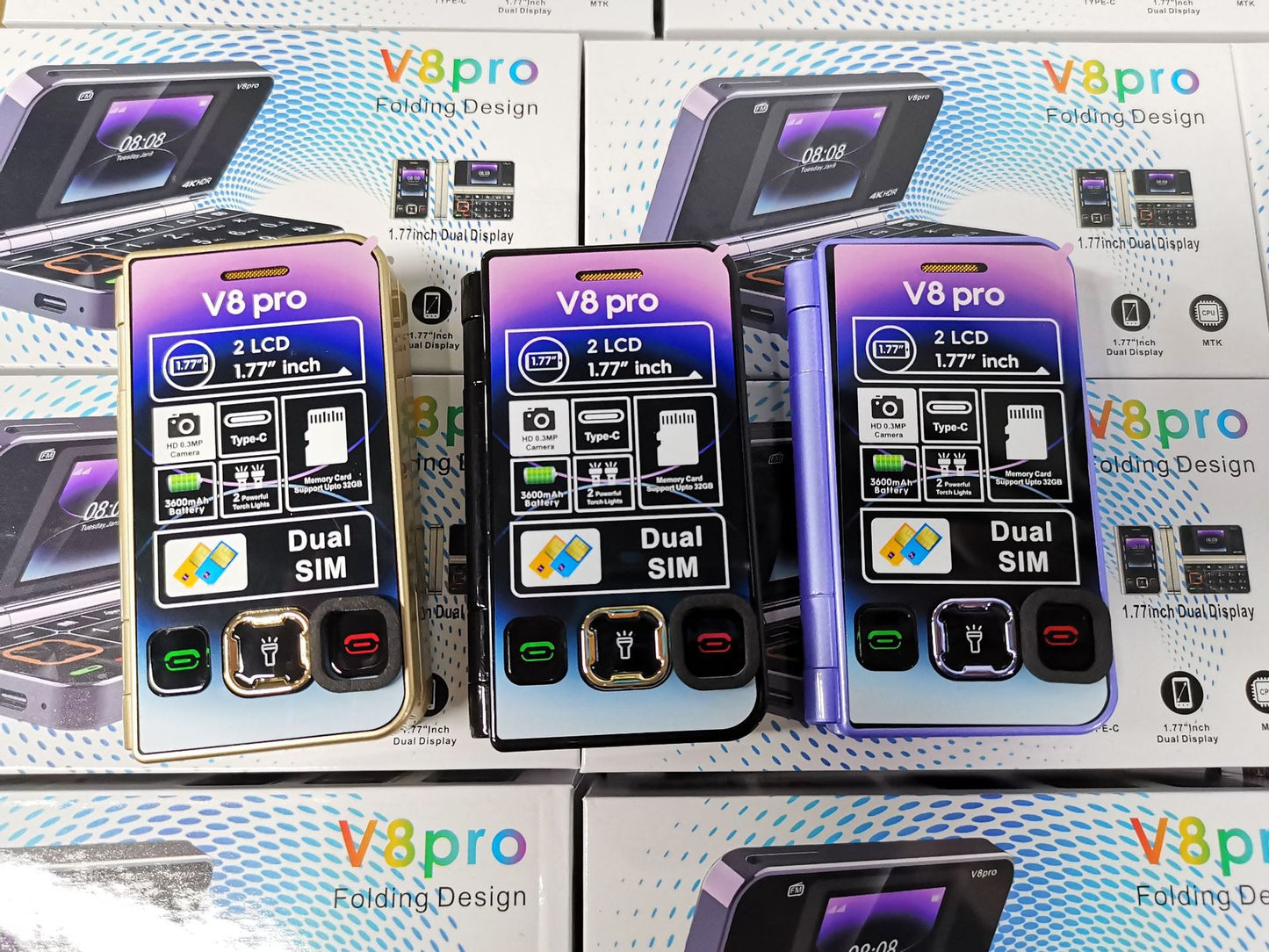 Cross-Border Foreign Trade V8pro Dual Screen Folding Flip Function Phone2G Elderly Foreign Language Mobile Phone Large Buttons Flashlight