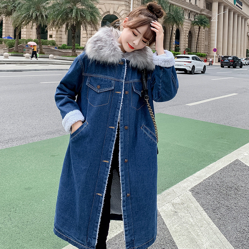 2022Winter New Mid-Length Large Fur Collar Fleece-Lined Lamb Wool Denim Jacket for Women Loose Casual Cotton Coat