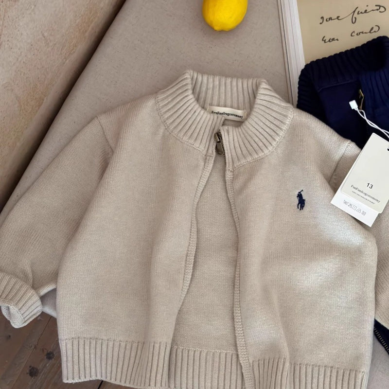 Children's Sweater2025Spring and Autumn Boys' Stand Collar Zipper Knitted Cardigan Baby Toddler Autumn Striped Jacket Children's Clothing