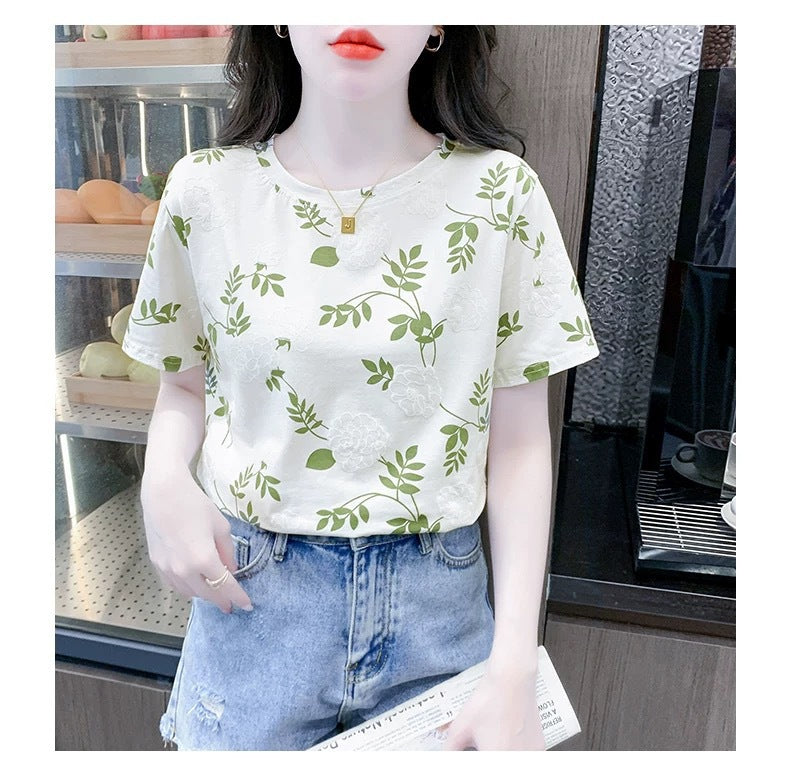 Cross-border new product milk silk round neck short-sleeved women's clothing T Floral Print Foam Base Shirt Loose Fit Women's Top
