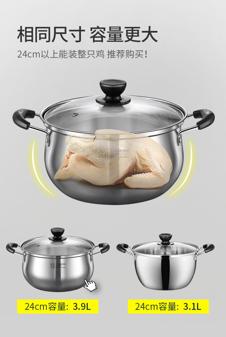 304Stainless Steel Soup Pot for Home Use, Non-Coated Instant Noodle Pot, Double Ear Small Pot, Steamer, Special for Gas and Induction Cookers
