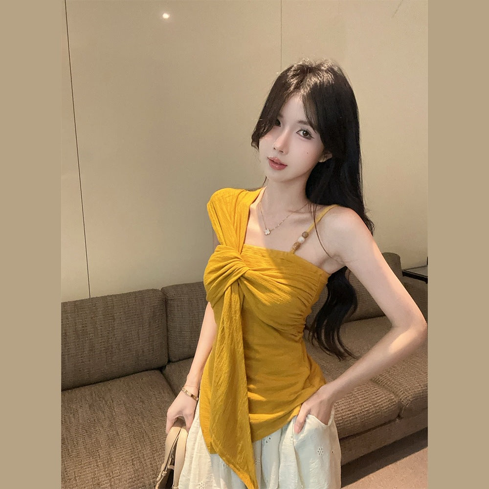 Pure Desire Hot Girl Off-Shoulder Twist t Women's T-shirt2025Summer New Slim Fit Fashionable Unique Design Top