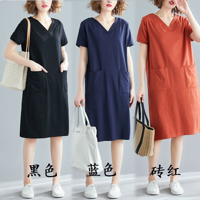Plus Size Women's Summer Loose Korean Style Mid-Length Dress T Shirt and Skirt for Plus Size mm Solid Color V Collared Slimming Short Sleeve Dress