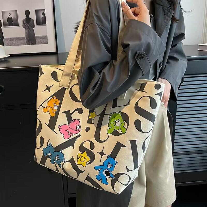 Student Canvas Bag for Women, Large Capacity Tote Commuter Bag, Versatile Printed Mommy Bag, Handheld Shoulder Bag, Shopping Bag for Women