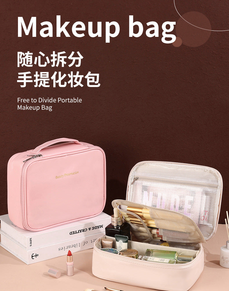 Cross-Border New Detachable Makeup Bag Waterproof Large Capacity Storage Bag Portable Handheld Free Partition Toiletry Bag