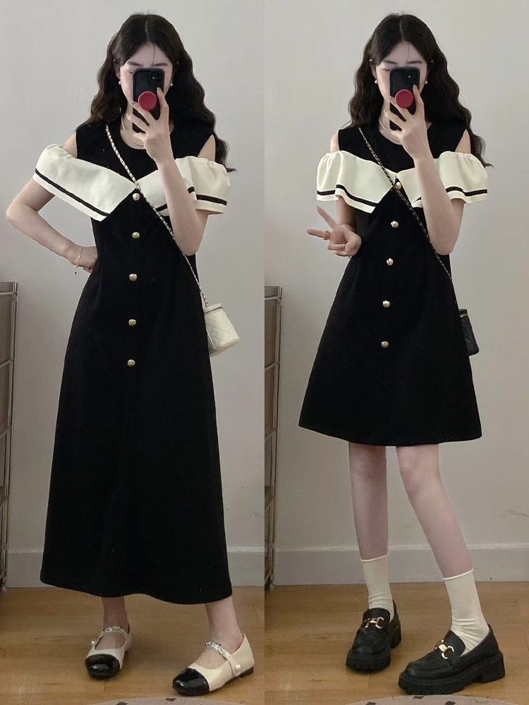 Plus Size Fat mm Korean Style Elegant Ruffled Off-Shoulder Short Sleeve Dress Women's Summer Fashionable Youthful Mid-Length Dress