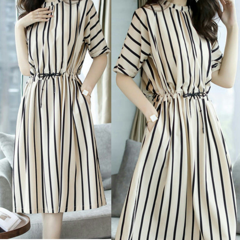Beautiful Striped Dress2025Korean Style Lace-Up Waist-Cinching Loose Skirt Summer Mid-Length Plus Size Women's Clothing Wholesale