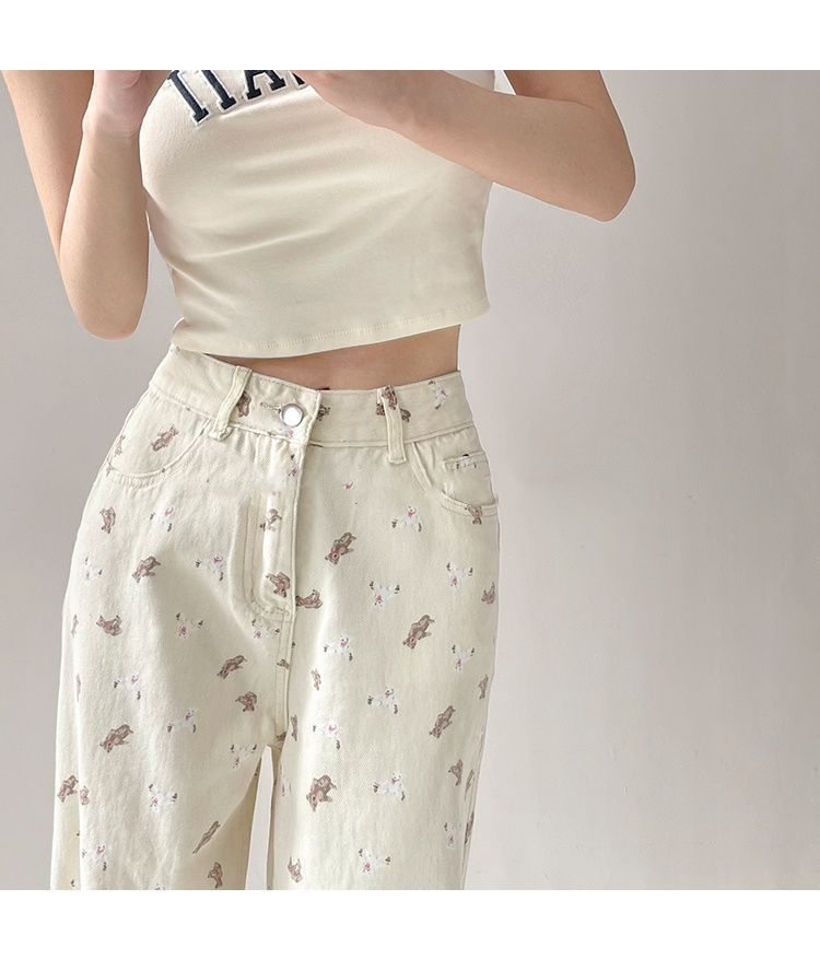 Yuejiaoer Original American Style Cartoon Bear Print Jeans for Women New Flared Loose Straight Wide-Leg Floor-Length Pants