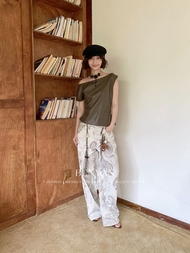 Original text Thirteen Lines Autumn Loose Retro Print Versatile Casual Jeans for Women【Includes Waist Belt】82285