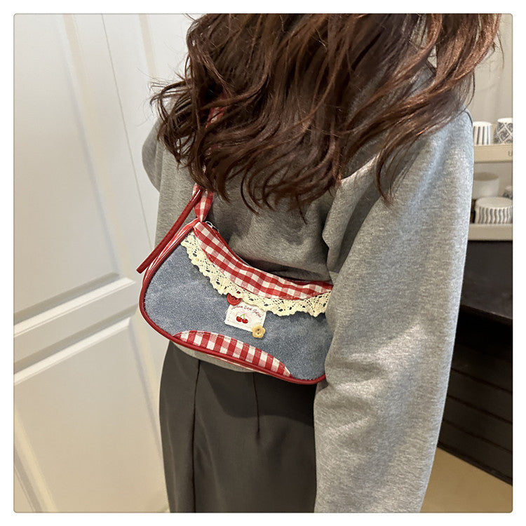 Super Popular Crossbody Bag for Women2025New Plaid Fabric Bag Wrinkled Color-Block Shoulder Bag Popular Commuter Small Square Bag