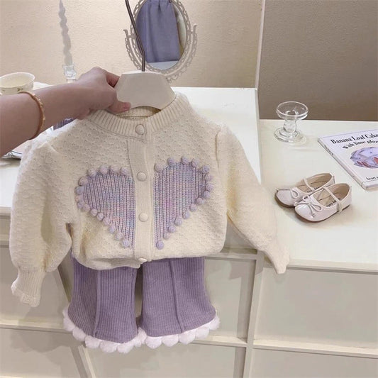 Girls Winter Two-Piece Set New Korean Fashion Baby Cardigan Knitted Autumn Winter Sweater Jacket Fleece-Lined Long Pants