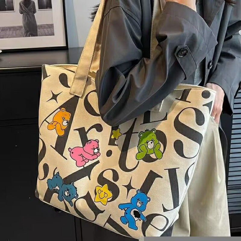 Student Canvas Bag for Women, Large Capacity Tote Commuter Bag, Versatile Printed Mommy Bag, Handheld Shoulder Bag, Shopping Bag for Women