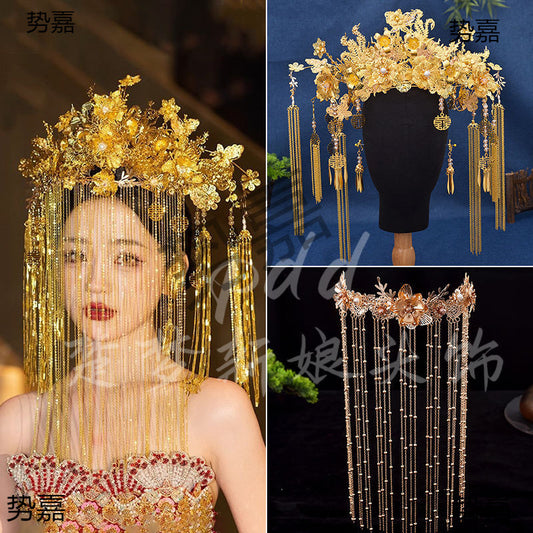 Bridal Hair Accessories Set Tiara Versatile Qing Dynasty Style Xiuhe Costume Crown Veil Hair Accessories Makeup Gold