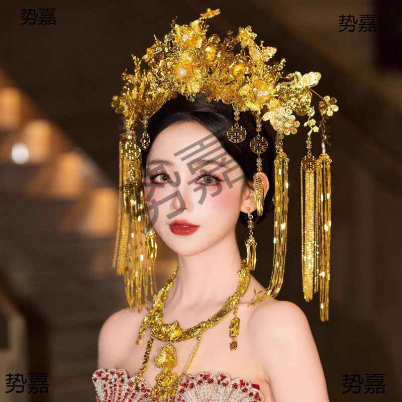 Bridal Hair Accessories Set Tiara Versatile Qing Dynasty Style Xiuhe Costume Crown Veil Hair Accessories Makeup Gold