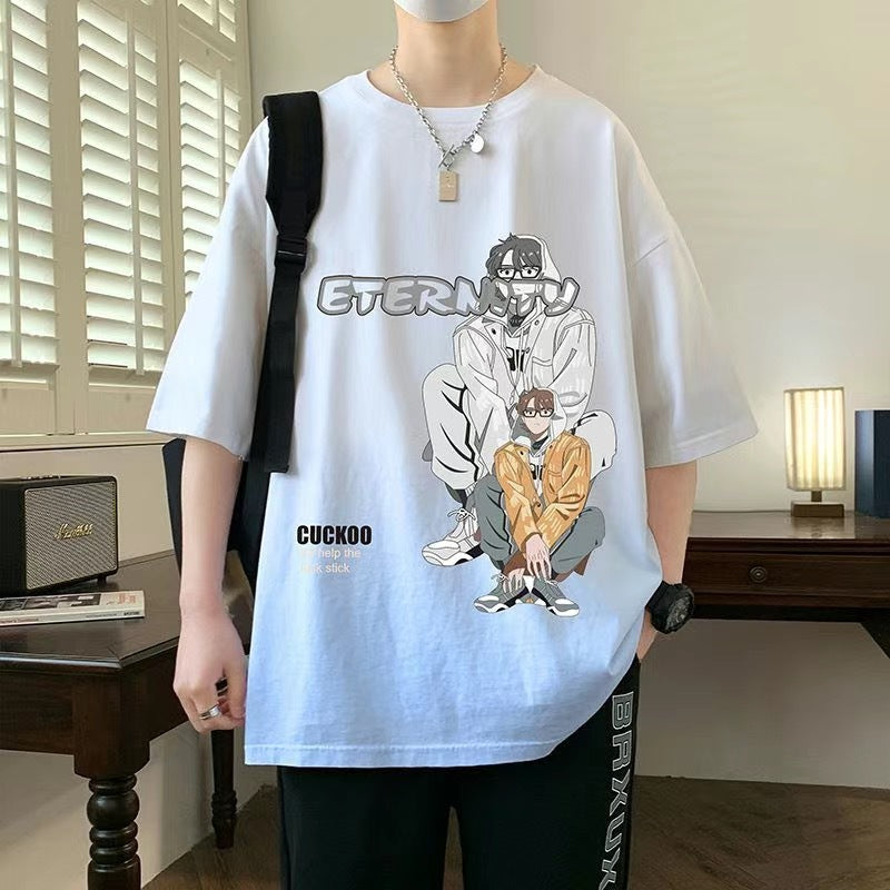 2025Summer New Men's Youth Casual Stylish Trendy Loose Short Sleeve T Shirt Gradient Color for Middle and High School Students