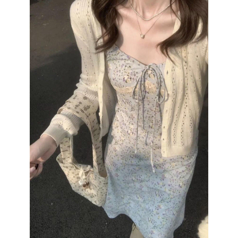 Petite Dress Sun Protection Cardigan Lace Two-Piece Set Tea Break Style Sweet Floral New Strap Outfit Set
