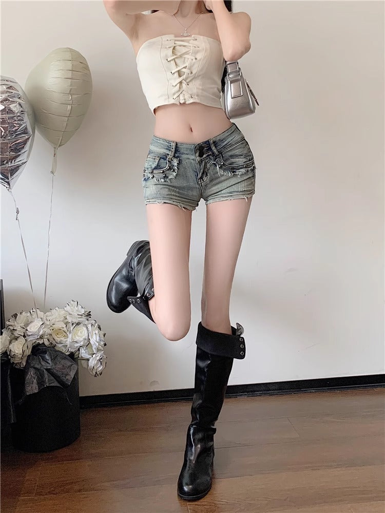 Muzi Nana American Style Spicy Girl Low Waist Denim Ultra Short Pants for Women2024New Tight-Fitting Hip-Hugging Hot Pants Blue Frayed Edge