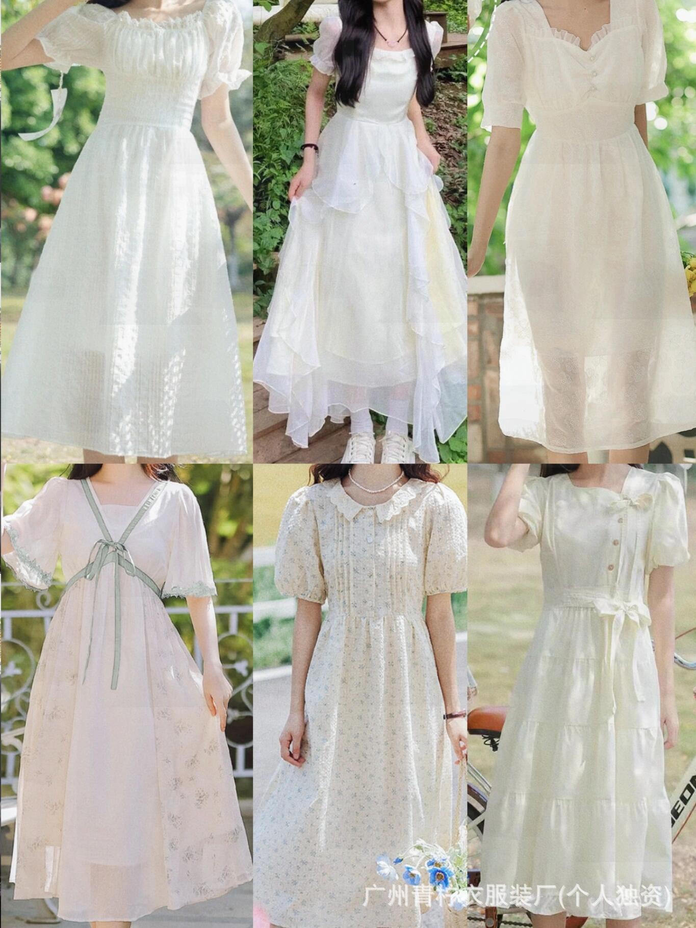 Hangzhou Four Seasons Green Women's Dress2025Summer New French Style Fairy Square Neck Waist-Cinching Sweet First Love Long Dress