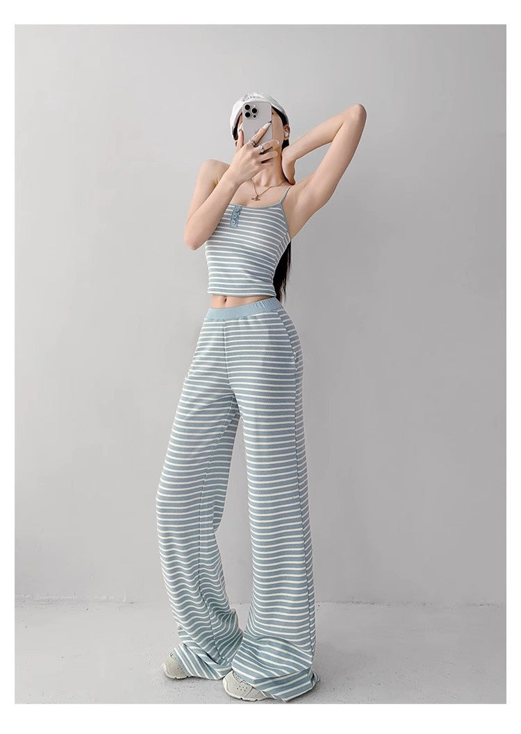Home Lazy Relaxed Striped Slimming Wide-Leg Pants for Women Summer Hot Girl Fashion Camisole Vest Casual Two-Piece Set