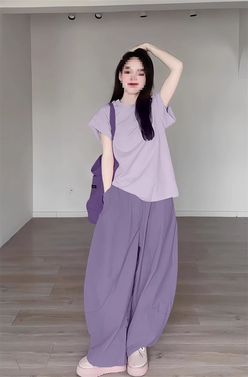 Summer Dopamine Full Set Shirt Wide-Leg Pants Two-Piece Set Lazy Style Fashion Casual Thin Suit for Petite Women