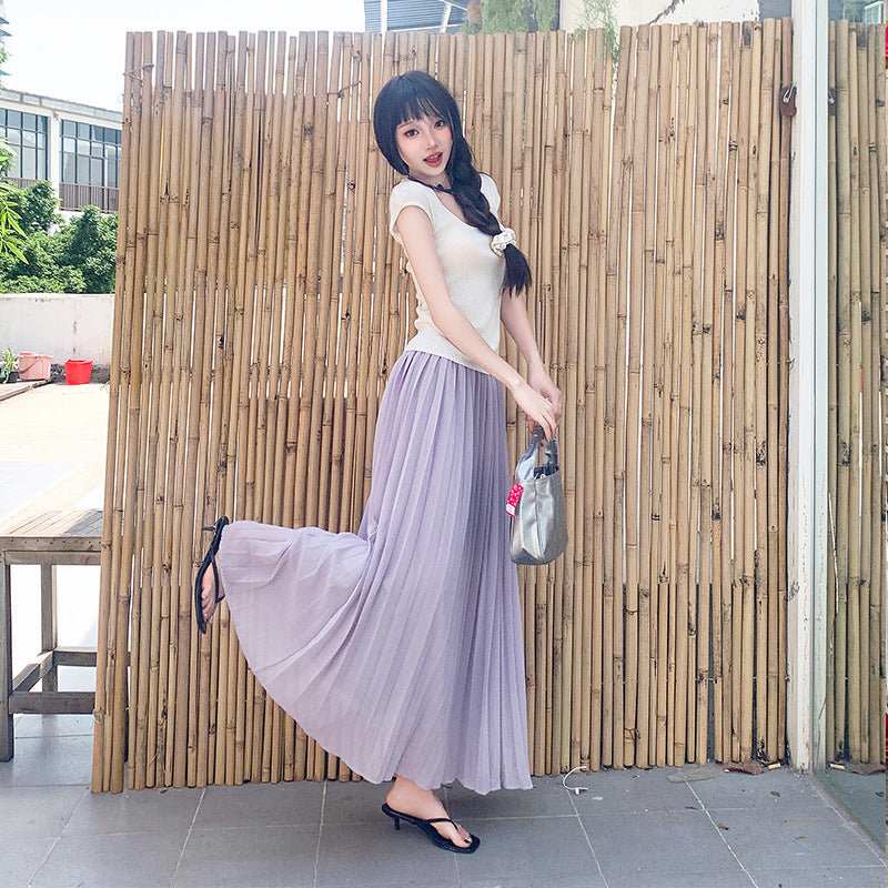 Thirteen Lines·Yunheyu Gentle Light Purple Pleated Long Skirt for Women Versatile Casual Vacation Style Draped Half Skirt