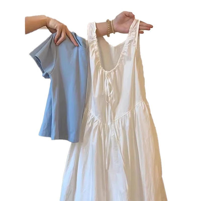This Year's Trend Summer Full Set Women Korean Version Simple Top French Style Pure Desire Style White Dress Two-Piece Set