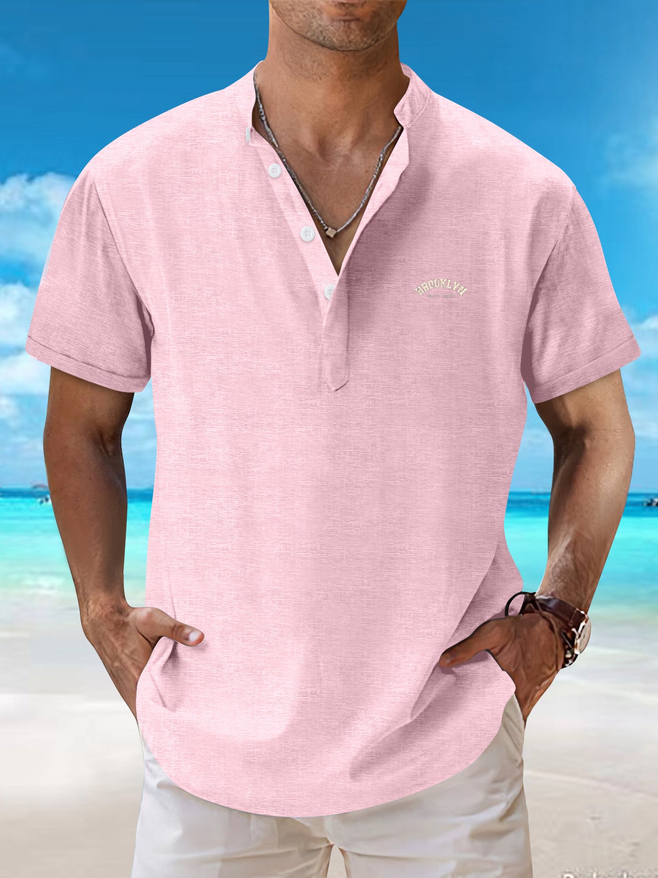 2025New retro loose textured woven shirt for men2025Summer New Stand Collar T Breathable Short Sleeve T-Shirt